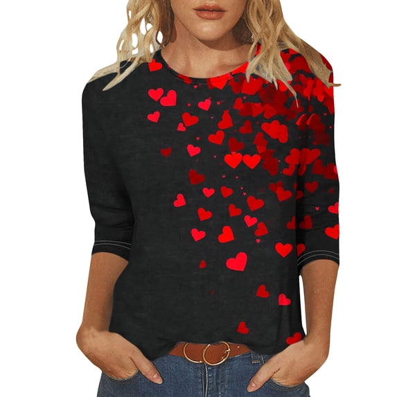Htigea Valentines Day Shirts for Women Love Heart Graphic Tees Shirt 3/4 Sleeve Crew Neck Tees Women's Casual Loose Fit Tunic Tops 01#Multicolor,XXL