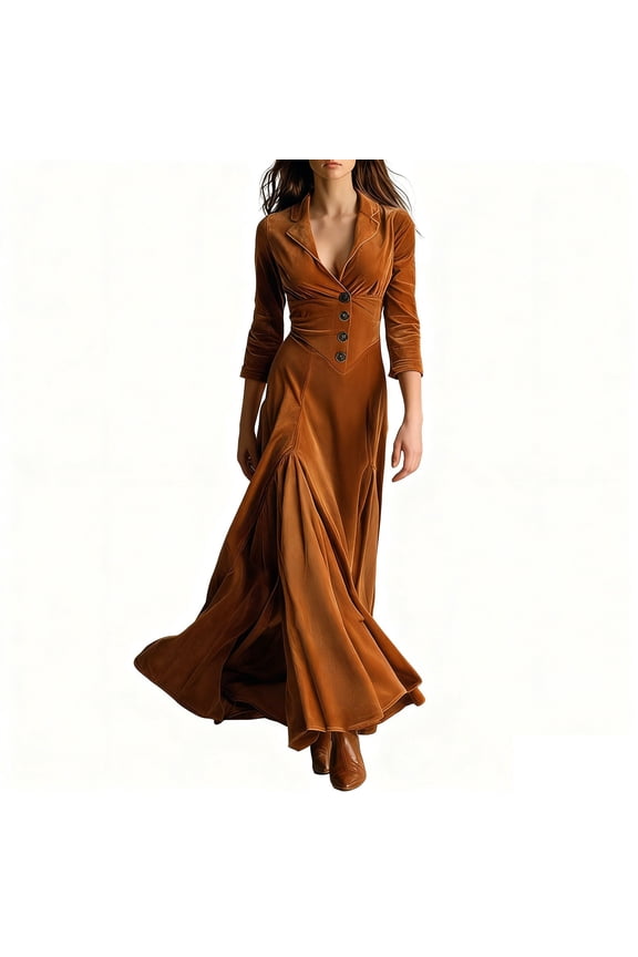 Velvet Long Dress for Women Vintage Western 3/4 Sleeve Lapel Maxi Dresses Formal Button Front Ruched Prom Dresses Brown L