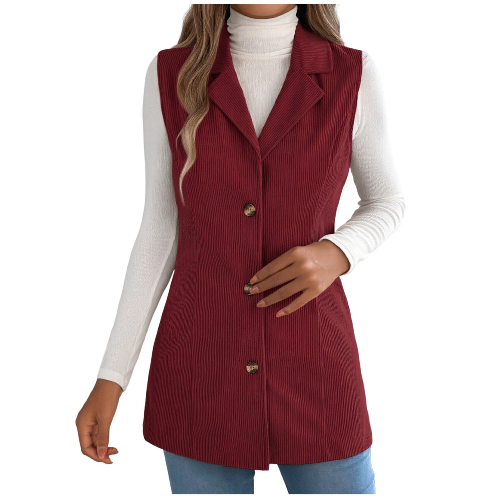 Vest for Women Fall Sleeveless Blazer Jackets Solid Button Down Lapel Coats Trendy Work Coats Wine M