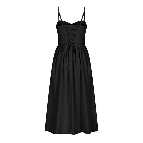 Htigea Vintage Corset Dress for Women Sleeveless Spaghetti Strap A-Line Midi Dress Back Bandage Cocktail Party Evening Dresses Black,L
