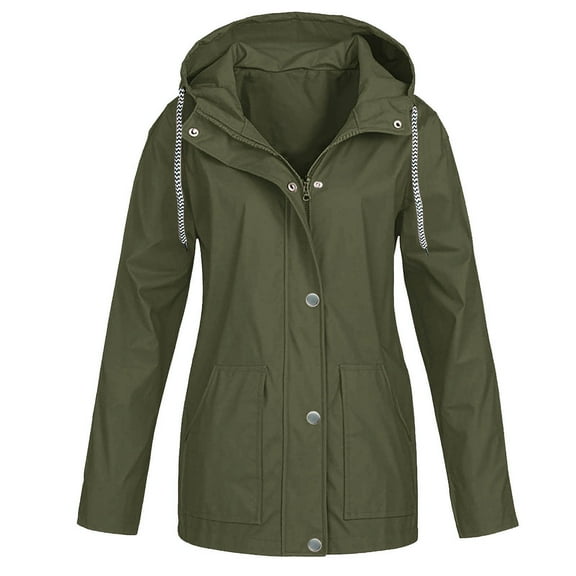 Htigea Waterproof Jacket for Women Casual Zip Up Hooded Coats Solid Outdoor Active Outerwear Lightweight Windproof Jackets with Pockets Army Green L