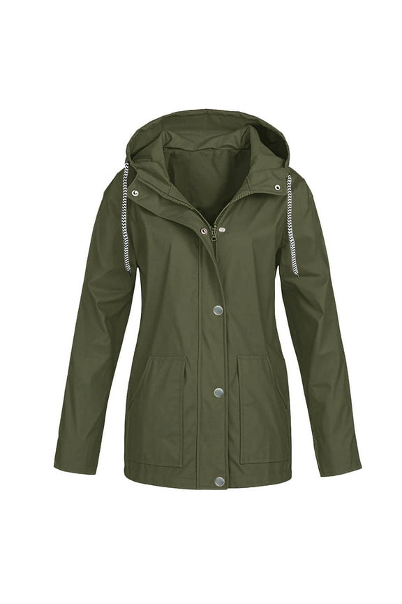 Waterproof Jacket for Women Casual Zip Up Hooded Coats Solid Outdoor Active Outerwear Lightweight Windproof Jackets with Pockets Army Green L
