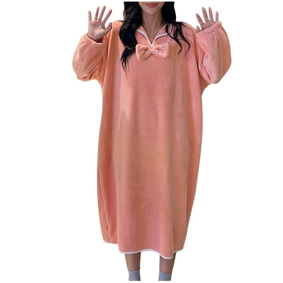 Htigea Winter Bathrobe for Women Long Sleeve V-Neck Pullover Robe Soft Comfy Nightgown Bath Robe for After Shower Orange,Free Size