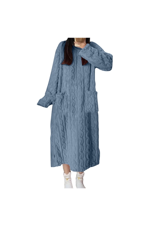 Winter Long Nightgown for Women Comfy Flannel Dress Gown Solid Crew Neck Pullover Sleepwear Home Loungewear Navy,S