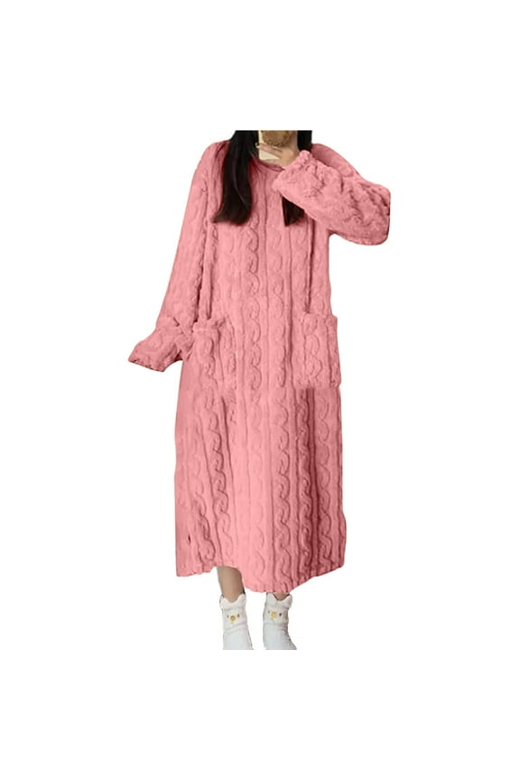 Winter Long Nightgown for Women Comfy Flannel Dress Gown Solid Crew Neck Pullover Sleepwear Home Loungewear Pink,S