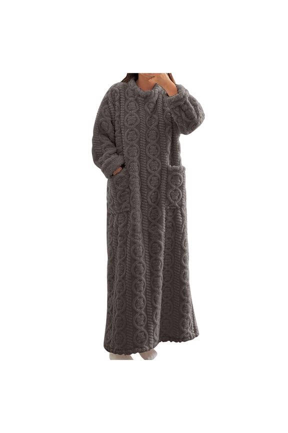 Winter Maxi Nightgown for Women Long Sleeve Crewneck Pullover Dress Gown Soft Comfy Fleece Pajama Homewear with Pockets Gray,S