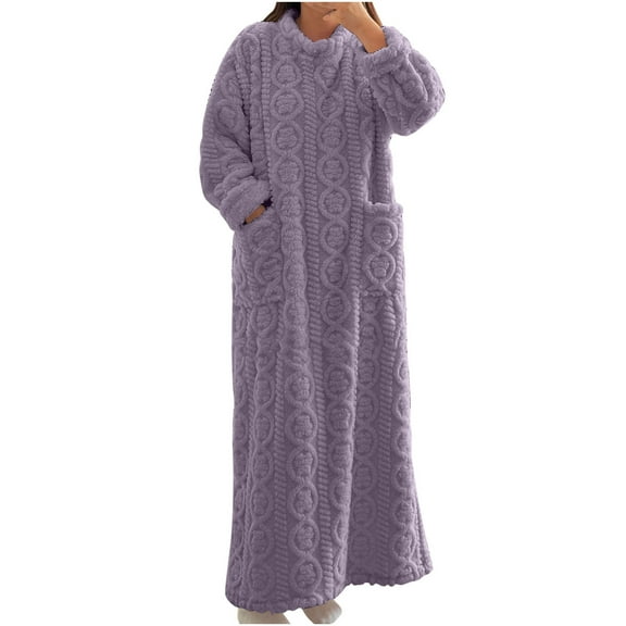 Htigea Winter Maxi Nightgown for Women Long Sleeve Crewneck Pullover Dress Gown Soft Comfy Fleece Pajama Homewear with Pockets Purple,L