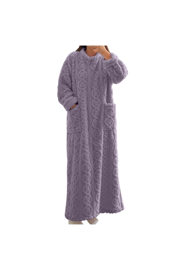 Winter Maxi Nightgown for Women Long Sleeve Crewneck Pullover Dress Gown Soft Comfy Fleece Pajama Homewear with Pockets Purple,L