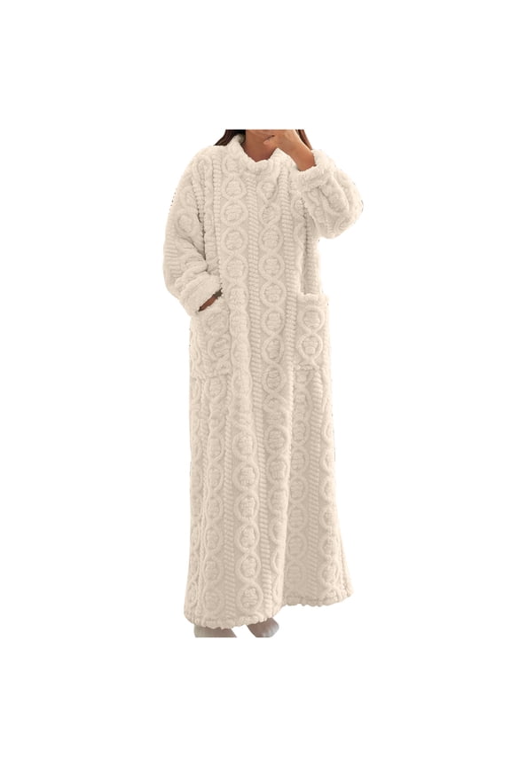 Winter Maxi Nightgown for Women Long Sleeve Crewneck Pullover Dress Gown Soft Comfy Fleece Pajama Homewear with Pockets White,S