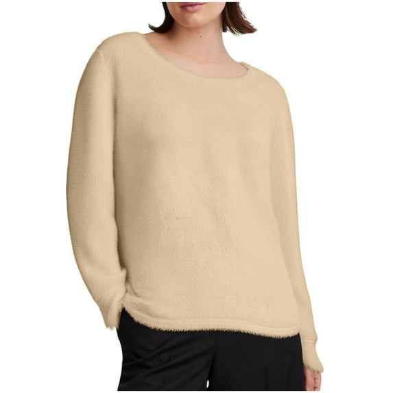 Htigea Winter Shirts for Women Thin Fleece Crewneck Long Sleeve Top Casual Cozy Pullover Everyday Tee Khaki XL