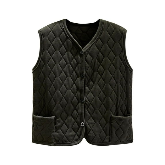 Htigea Winter Warm Gilet for Women Sleeveless Quilted Vest Solid Color Button Down Waistcoat with Pockets Black M