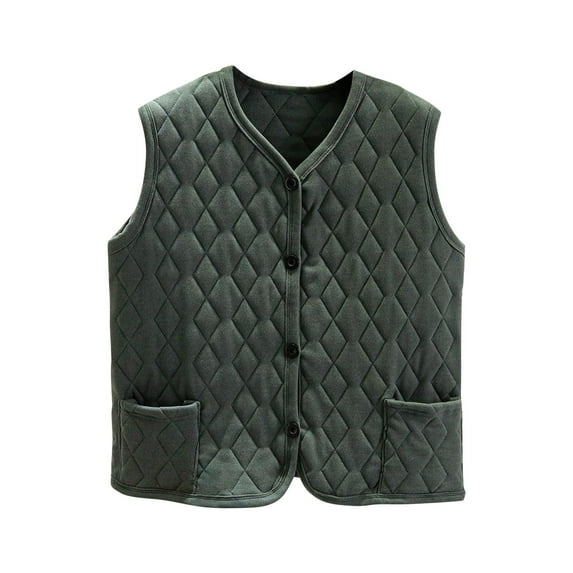 Htigea Winter Warm Gilet for Women Sleeveless Quilted Vest Solid Color Button Down Waistcoat with Pockets Green L