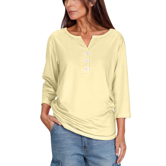 Htigea Women 3/4 Length Sleeve T Shirts Casual Notch V Neck Tunic Tee Solid Color Button Pullover Loose Fit Tshirt Beige,S