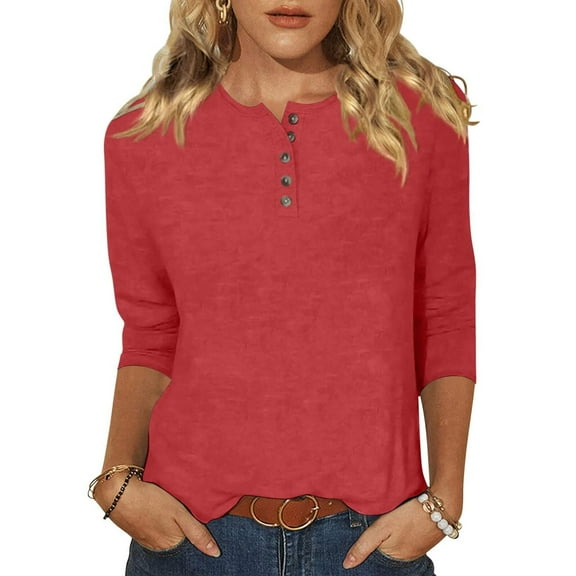 Htigea Women 3/4 Sleeve Henley T-Shirts Dressy Crewneck Buttons Pullover Solid Color Tunic Casual Loose Tops Red,XL