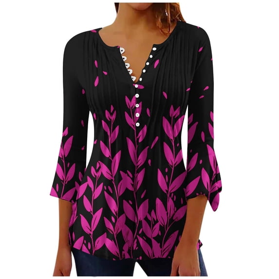Htigea Women Blouse & Top 3/4 Sleeve V Neck Pleated Tshirts Flowy Button Down Tee Flare Elbow Tunic Shirts Hot Pink,2XL