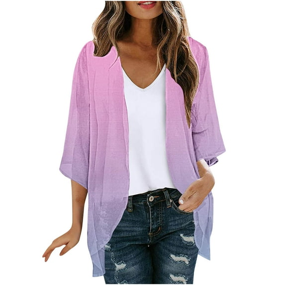Htigea Women Chiffon 3/4 Sleeve Cardigans Casual Loose Open Front Shawl Tops Lightweight Summer Kimono Cardigan Red XL