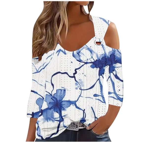 Htigea Women Cold Shoulder 3/4 Sleeve Shirts Eyelet V Neck Tunic Tops Trendy Printed Tees Casual Comfy Pullover Blue,4XL