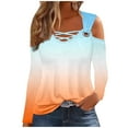 thumbnail image 1 of Htigea Women Cold Shoulder T-Shirts V-Neck Criss Cross Long Sleeve Tops Casual Loose Tunic Tees Fashion Gradient Color Shirts Orange 2XL, 1 of 5