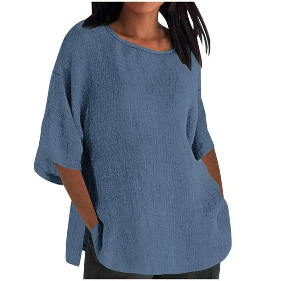Htigea Women Cotton Linen Shirts Casual 3/4 Sleeve Crew Neck Loose Flowy Basic T-Shirts Comfort Breathable Blouse Side Split Tops Blue,XL