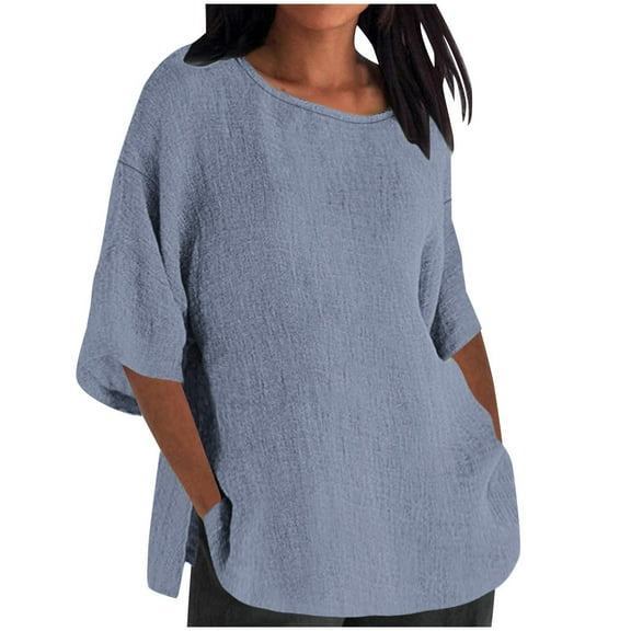Htigea Women Cotton Linen Shirts Casual 3/4 Sleeve Crew Neck Loose Flowy Basic T-Shirts Comfort Breathable Blouse Side Split Tops Light Blue,L