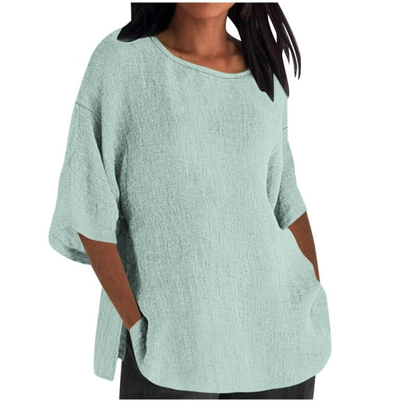 Htigea Women Cotton Linen Shirts Casual 3/4 Sleeve Crew Neck Loose Flowy Basic T-Shirts Comfort Breathable Blouse Side Split Tops Mint Green,L