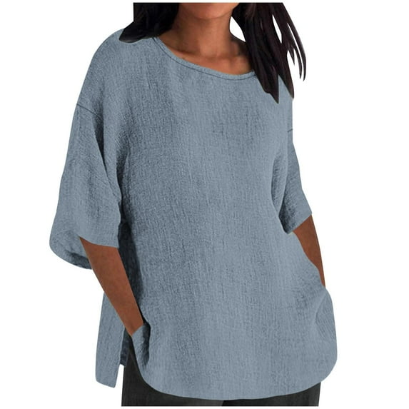 Htigea Women Cotton Linen Shirts Casual 3/4 Sleeve Crew Neck Loose Flowy Basic T-Shirts Comfort Breathable Blouse Side Split Tops Sky Blue,3XL