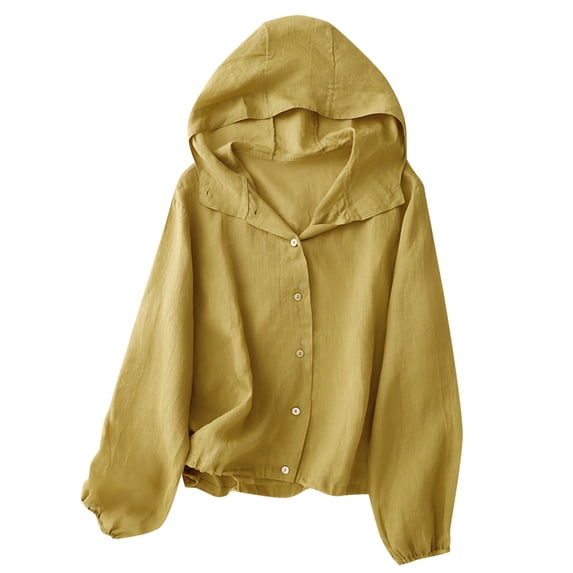 Htigea Women Cotton Linen Sun Protection Hoodie Long Sleeve Hooded Cover Ups Solid Summer Beach Vacation Shirts Yellow M