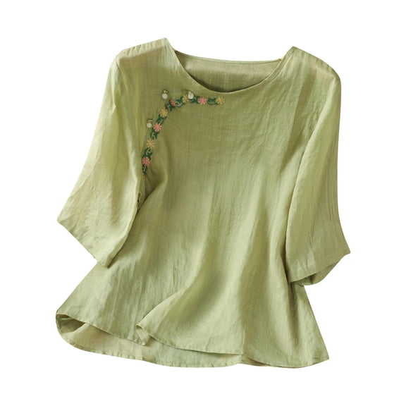 Htigea Women Cotton Linen Tops 3/4 Sleeve Crewneck T-Shirts Embroidered Beach Vacation Tees Green,2XL