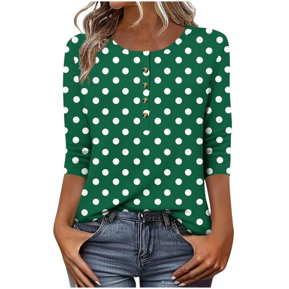 Htigea Women Crew Neck Henley Shirt 3/4 Sleeve Tee Cute Polka Dot Tunic Tops Button Down Pullover T-Shirts Army Green,L