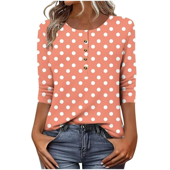 Htigea Women Crew Neck Henley Shirt 3/4 Sleeve Tee Cute Polka Dot Tunic Tops Button Down Pullover T-Shirts Orange,L