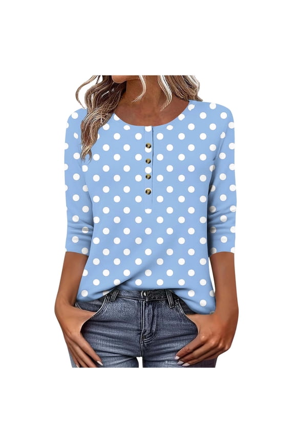 Women Crew Neck Henley Shirt 3/4 Sleeve Tee Cute Polka Dot Tunic Tops Button Down Pullover T-Shirts Sky Blue,XL