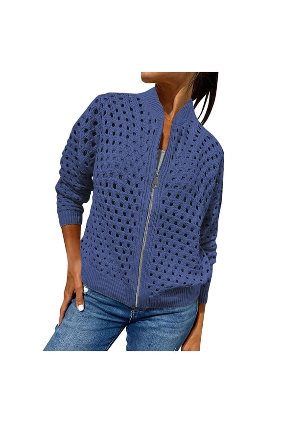 Women Eyelet Knitted Cropped Jackets Hollow Out Crochet Long Sleeve Outerwear Full Zip Up Fall Coats Blue S