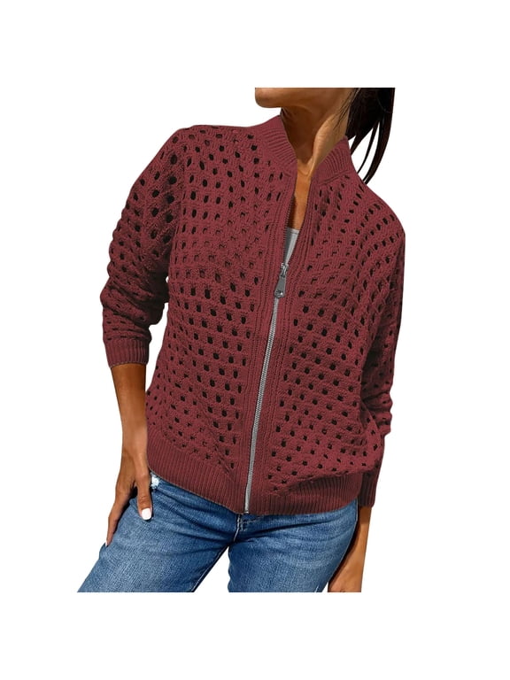 Women Eyelet Knitted Cropped Jackets Hollow Out Crochet Long Sleeve Outerwear Full Zip Up Fall Coats Wine L