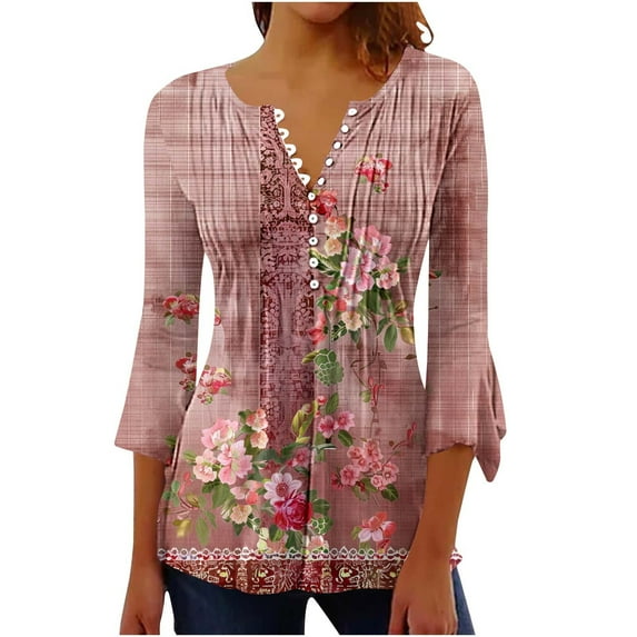 Htigea Women Floral Print Tshirts 3/4 Sleeve V Neck Pleated Blouse Top Casual Button Down Pullover Tunic Tees Hot Pink,M