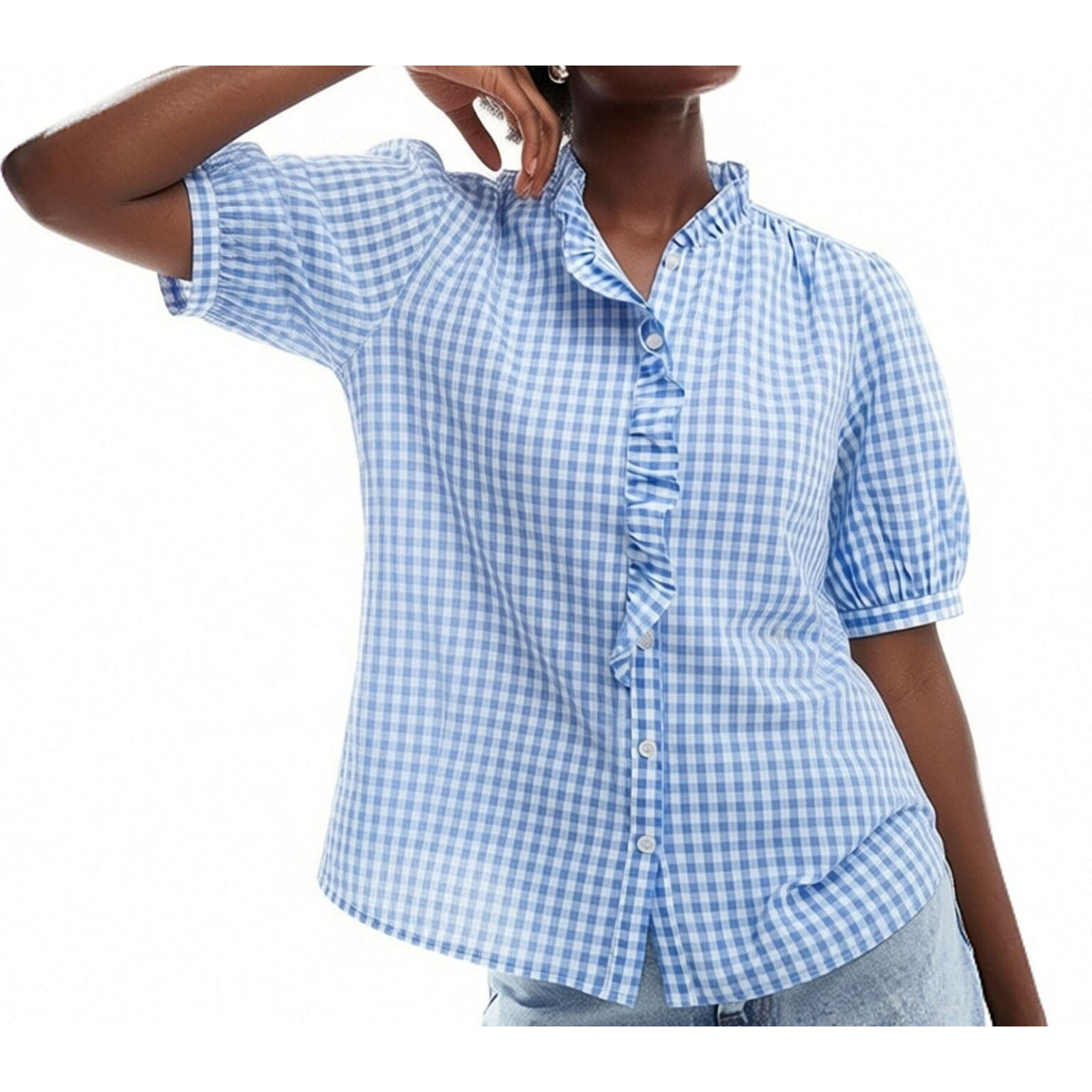 Htigea Women Gingham Shirt Plaid Short Sleeve Tops Button Down