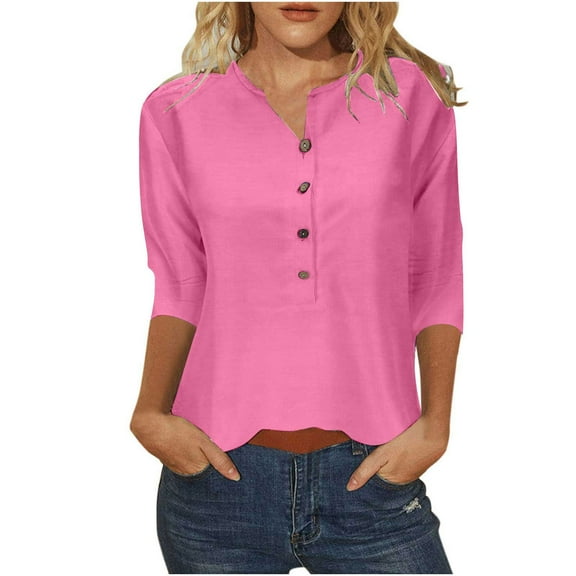 Htigea Women Henley T-Shirts 3/4 Sleeve V Neck Buttons Tops Casual Tunic Tee Solid Color Loose Pullover Tee Pink,M