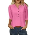 thumbnail image 1 of Htigea Women Henley T-Shirts 3/4 Sleeve V Neck Buttons Tops Casual Tunic Tee Solid Color Loose Pullover Tee Pink,XL, 1 of 5
