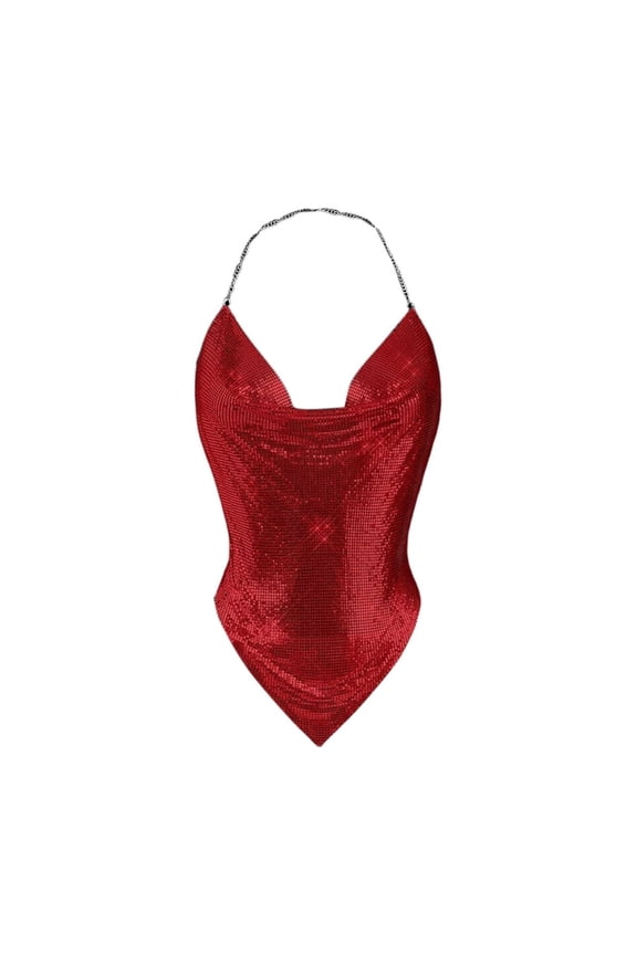 Women Metallic Halter Top Rhinestone Backless Cowl Neck Chain Clubwear Tank Tops Red L