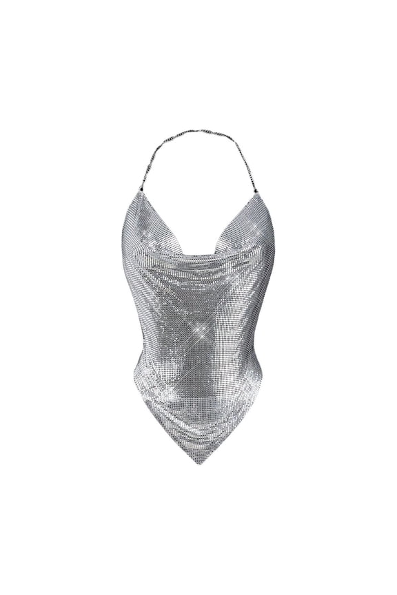 Women Metallic Halter Top Rhinestone Backless Cowl Neck Chain Clubwear Tank Tops Silver XS