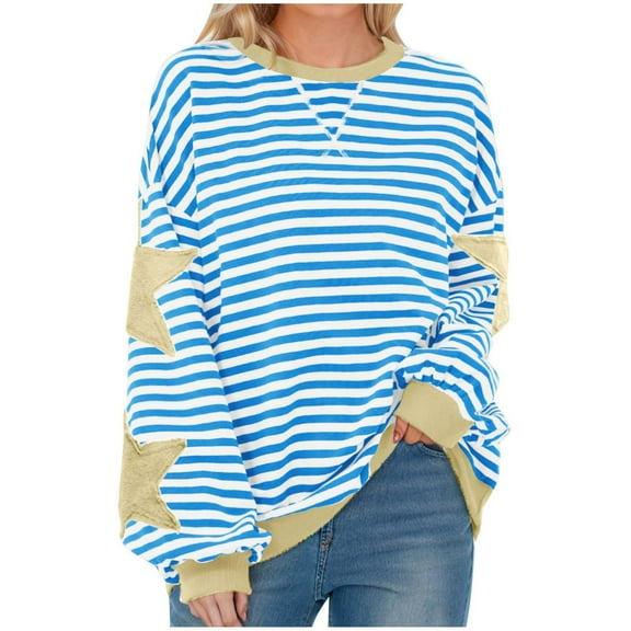 Htigea Women Oversized Sweatshirts Striped Color Block Long Sleeve Crew Neck Tops Casual Loose Pullover Y2K Shirts Light Blue L