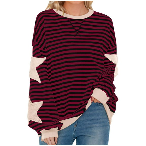 Htigea Women Oversized Sweatshirts Striped Color Block Long Sleeve Crew Neck Tops Casual Loose Pullover Y2K Shirts Wine 3XL
