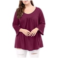 thumbnail image 1 of Htigea Women Plus Size 3/4 Sleeve Tshirt Pleated Crewneck Tunic Tops Casual Loose Fit Pullover Solid Color Tees Hot Pink,M, 1 of 8