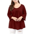 thumbnail image 1 of Htigea Women Plus Size 3/4 Sleeve Tshirt Pleated Crewneck Tunic Tops Casual Loose Fit Pullover Solid Color Tees Wine,2XL, 1 of 7