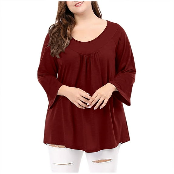 Htigea Women Plus Size 3/4 Sleeve Tshirt Pleated Crewneck Tunic Tops Casual Loose Fit Pullover Solid Color Tees Wine,2XL