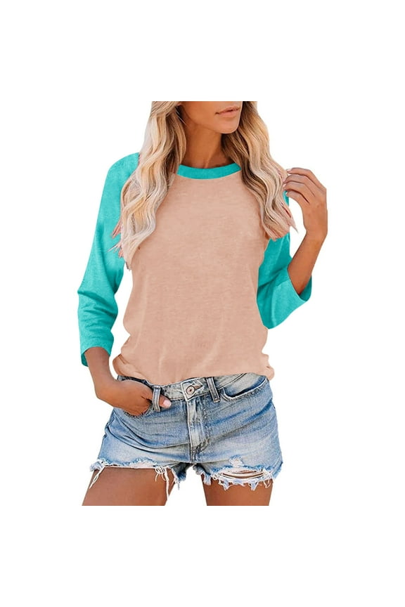 Women Raglan Sleeve Baseball T-Shirts Summer Casual 3/4 Sleeves Tops Loose Fit Pullover Tunics Basic Crewneck Blouse Blue,M