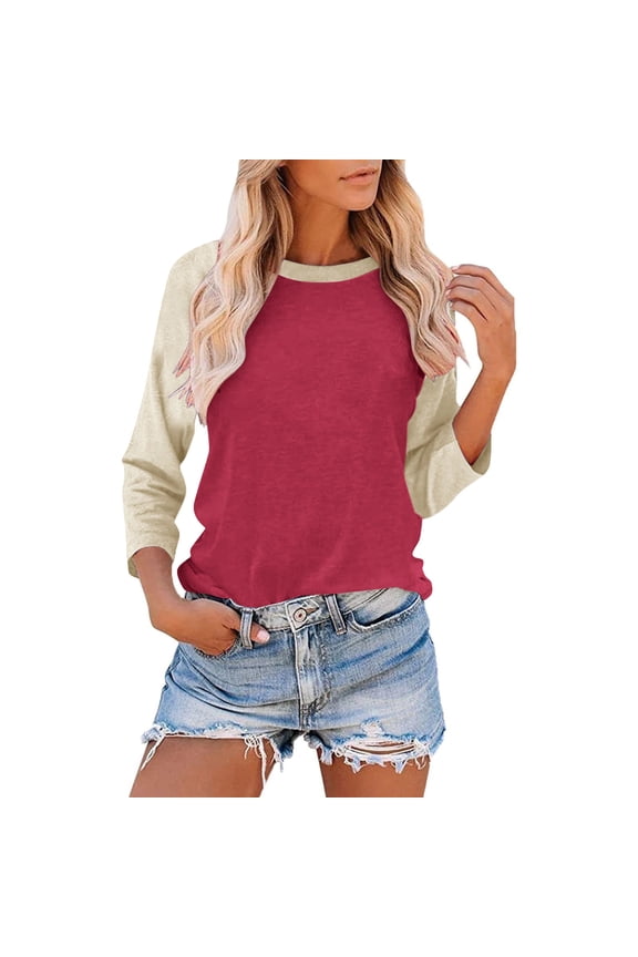 Women Raglan Sleeve Baseball T-Shirts Summer Casual 3/4 Sleeves Tops Loose Fit Pullover Tunics Basic Crewneck Blouse Red,S