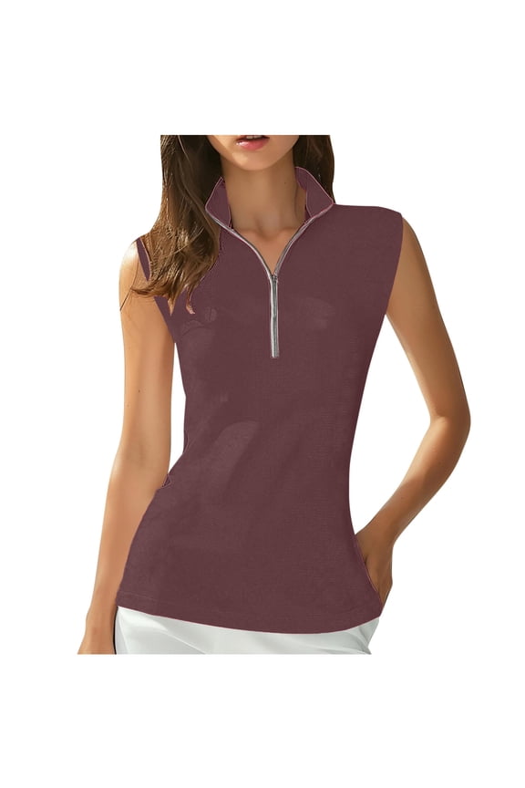 Women Sleeveless Golf Tennis Shirts 1/4 Zip Up Casual Summer Athletic Workout Tank Tops Breathable Mesh Quick Dry Sports Tees Brown,L