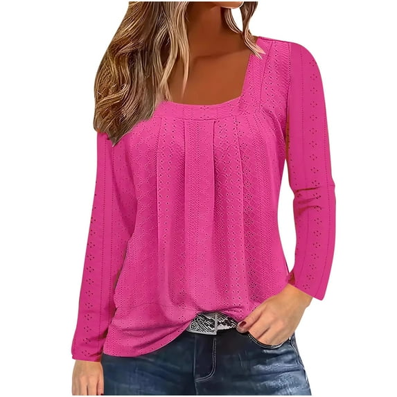Htigea Women Square Neck Long Sleeve Shirts Eyelet Pleated Tunic Tops Casual Loose Pullover Blouses Hot Pink XL