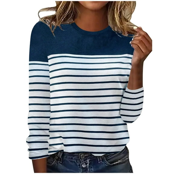 Htigea Women Striped Shirts Plus Size Crew Neck Long Sleeve Tops Casual Loose Fit Tunic Blouse Pullovers Navy XL