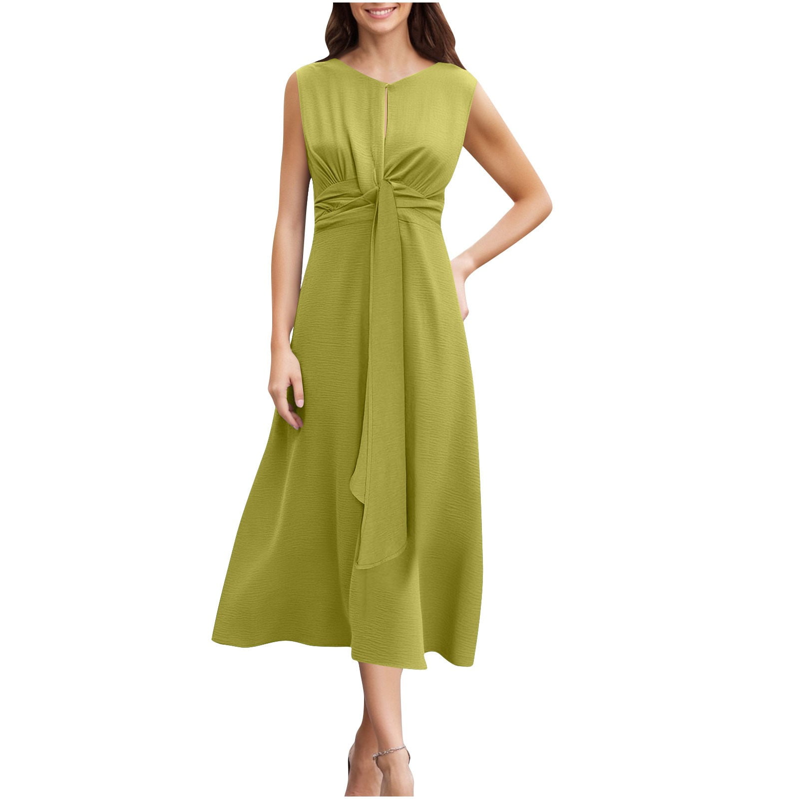 Htigea Women Summer Work Dress Elegant Sleeveless Tie Waist Midi Dresses with Pockets Party Solid Color Cocktail A Line Dresses Mint Green,S, Women's,